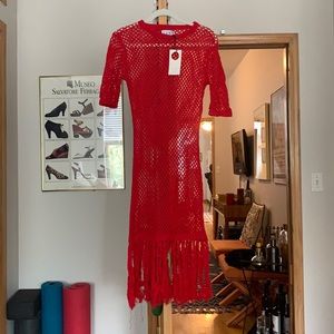 Crimson knit dress with fringe